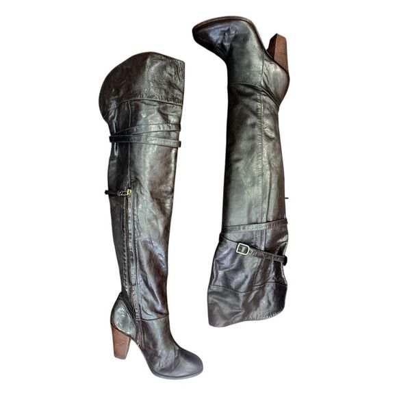 POUR LA VICTOIRE Victorella Dark Brown Leather Over The Knee Boots Shoes Zipper - Picture 2 of 9